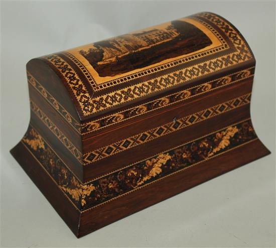 A Victorian rosewood and Tunbridge ware dome top stationery box, 10in.